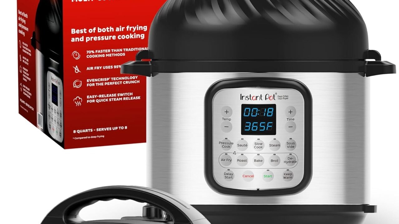 Instant Pot Duo Crisp 11-in-1 Air Fryer and Electric Pressure Cooker Combo with Multicooker Lids that Fries, Steams, Slow Cooks, Dehydrates,Free App With Over 800 Recipes, Black/Stainless Steel, 8QT