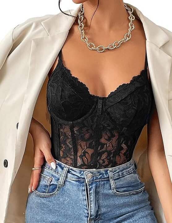 COZYEASE Women’s Lace Bustier Cami Bodysuit Plain Sleeveless Slim Fit Sheer Mesh Corset Top Romper Affiliate Product