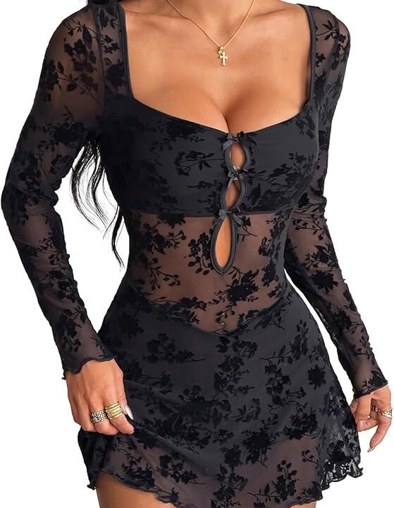 Milumia Women’s Floral Lace Cut Out Mini Dress Sexy Long Sleeve Bow Decor Party Club Mesh Short Dresses Affiliate Product